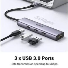 UGREEN 60600 USB C TO RJ45 ETHERNET GIGABIT AND 3 USB A 3.0 PORTS ADAPTER