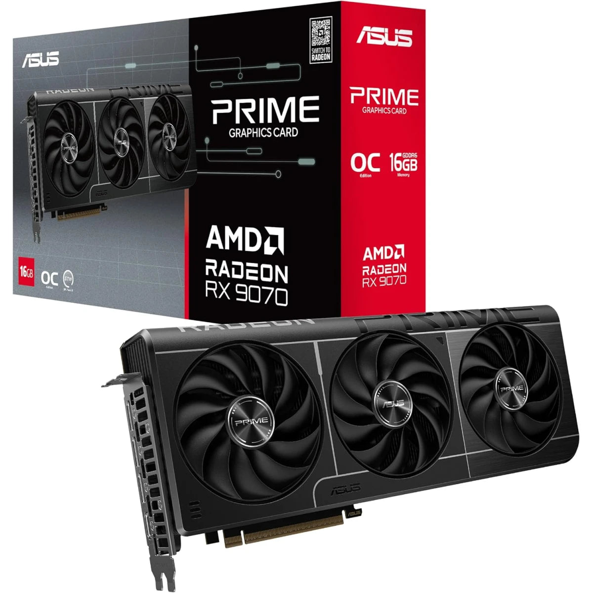 ASUS Prime Radeon RX 9070 EVO OC Edition Graphics Card (PCIe 5.0, 16GB GDDR6, HDMI/DP 2.1, 2.5-slot design, axial-tech fans, dual ball fan bearings, dual BIOS, ASUS GPU Guard)