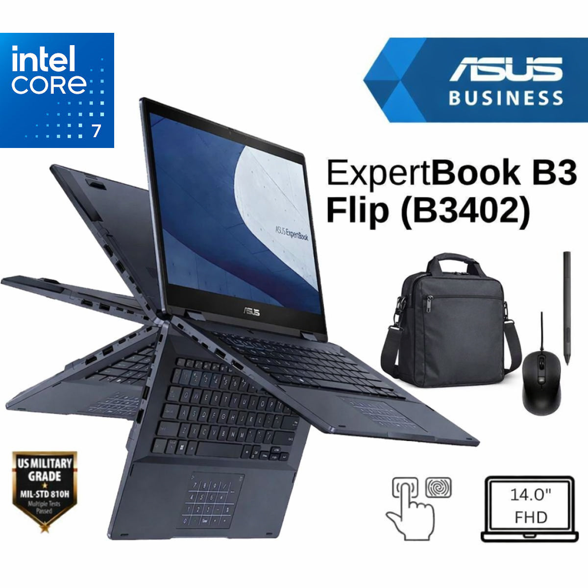 Asus ExpertBook B3 Flip (2025) B3402FVA Intel Core 7 10-Cores Business Class Military-Grade Aluminum 2-in-1 Touch Display Bundle ((Carry Case + Mouse + Styluse))