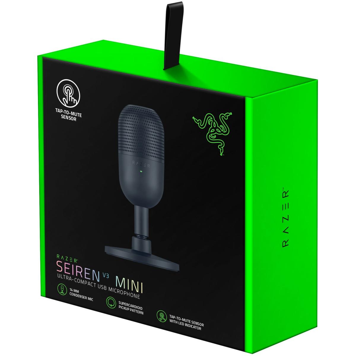 Razer Seiren V3 Mini Ultra Compact Condenser USB Microphone w- Supercardioid Pattern, Tap-to-Mute Sensor with LED Indicator, Shock Absorber, PC, Discord, OBS Studio, XSplit - Black - RZ19-05050100-R3M1 - - CompuMe