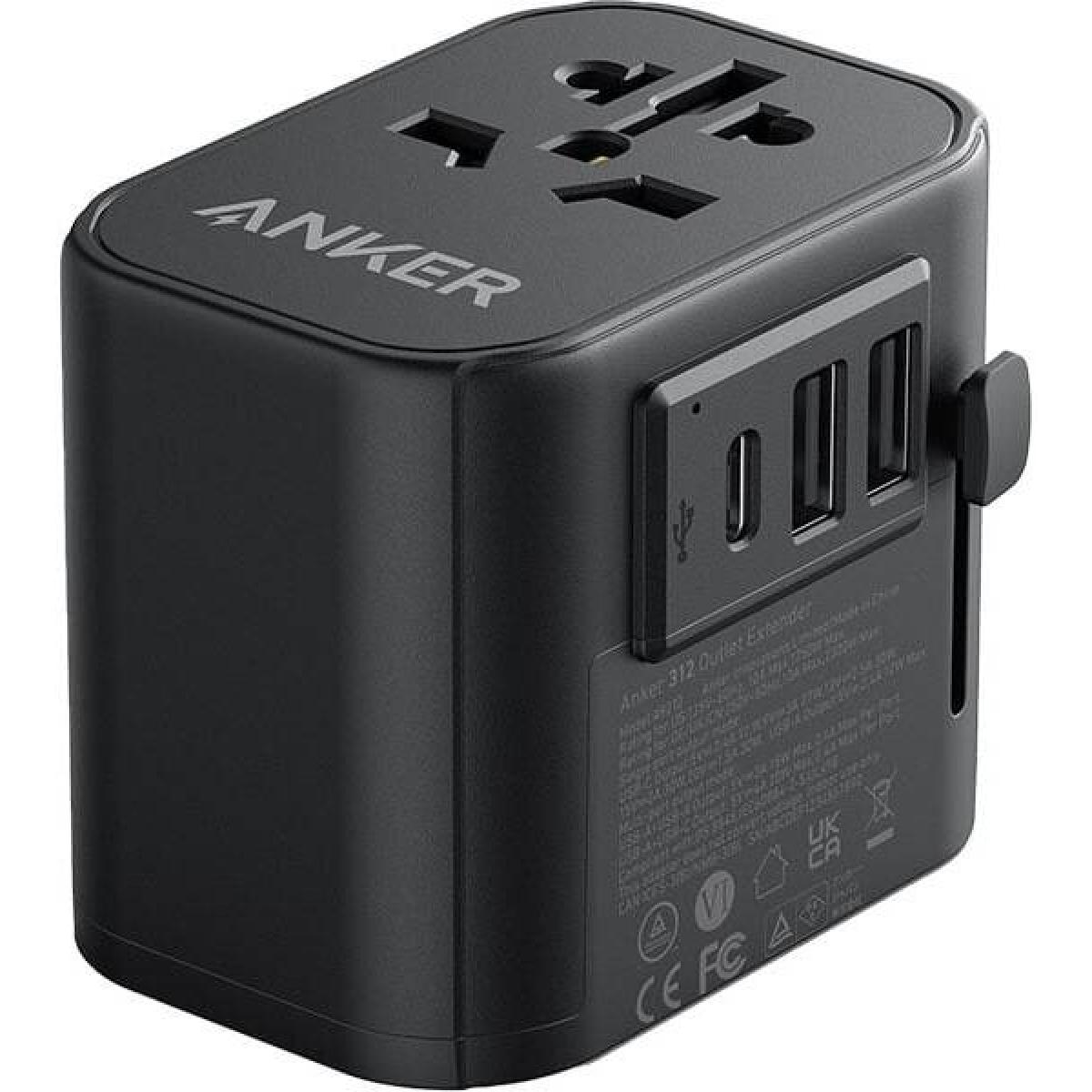 Anker 312 PowerExtend 30W, Wall Charger with Travel Plug, 1-Ports USB-C, 2-Ports USB-A, Wall Plug, 312 Outlet Extender, Black