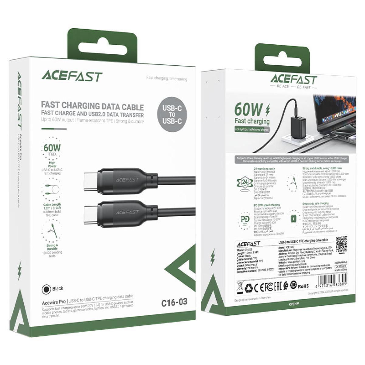 Acefast C16 03 Usb C To Usb C Tpe Data & Fast 60w Charging Data Cable 1.2m Black