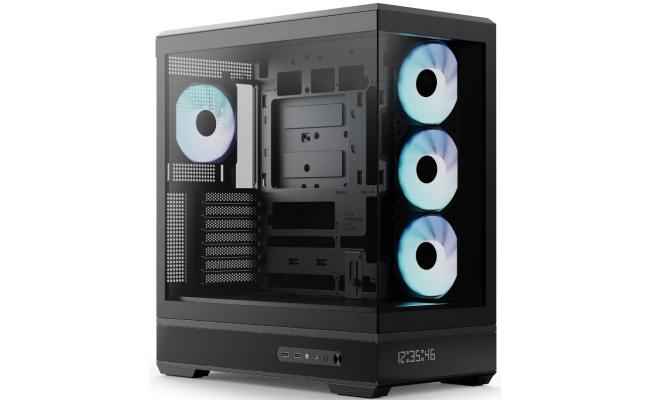 AeroCool P500B DIGI (Black) ARGB Stylish Panoramic Fish Tank Design ATX Mid Tower Tempered Glass Gaming Case w/ Dot-Pixel Display For System Stats, 4 Pre-installed 120mm ARGB Fans, Type-C & BTF Compatibility