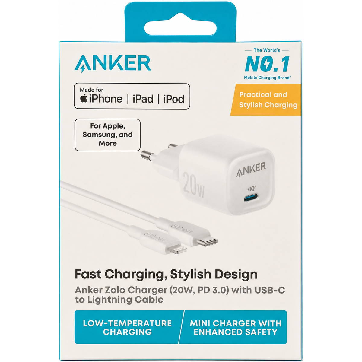 Anker Zolo 20W PD 3.0 USB-C Wall Charger with USB-C to Lightning Cable - White