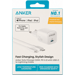 Anker Zolo 20W PD 3.0 USB-C Wall Charger with USB-C to Lightning Cable - White