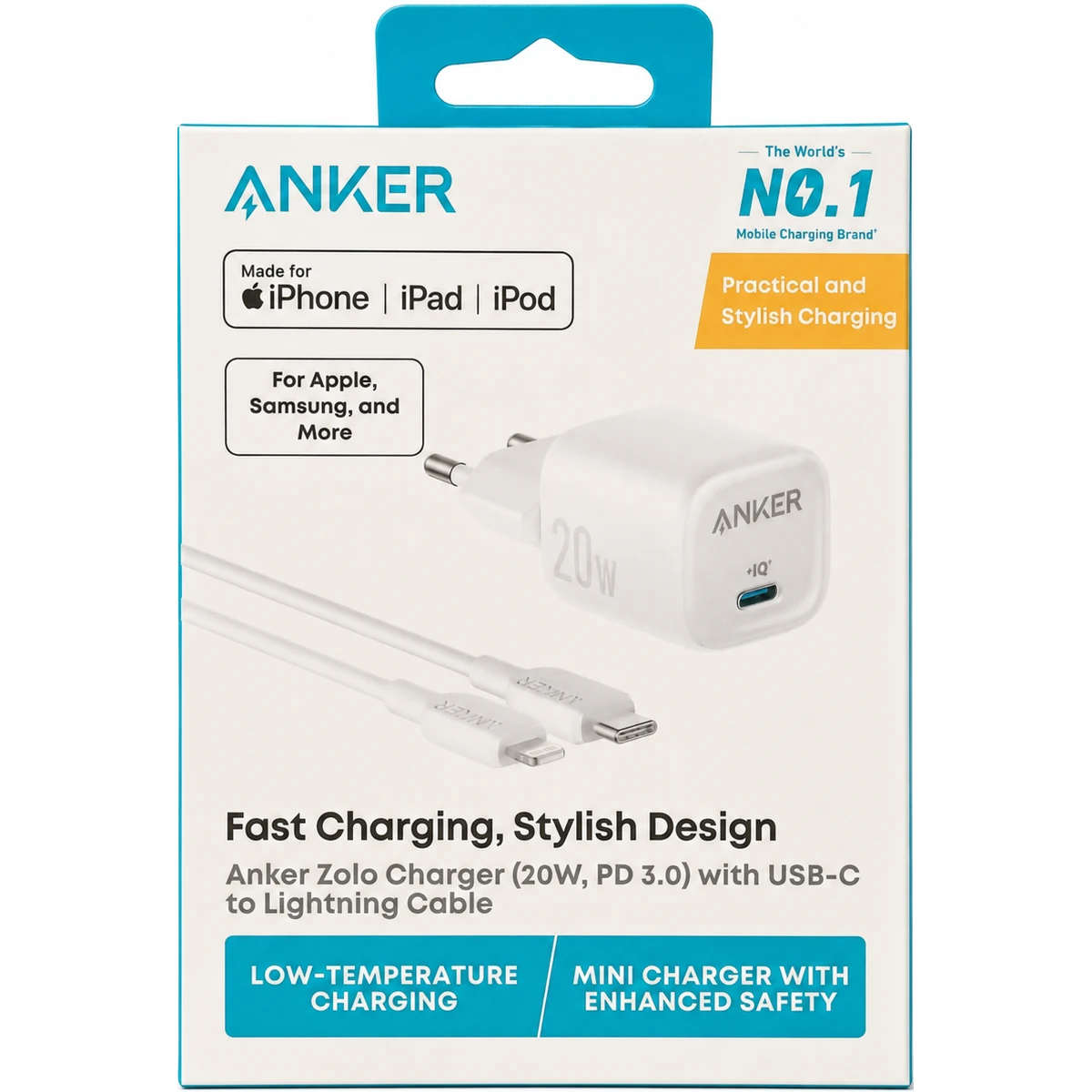 Anker Zolo 20W PD 3.0 USB-C Wall Charger with USB-C to Lightning Cable - White