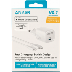 Anker Zolo 20W PD 3.0 USB-C Wall Charger with USB-C to Lightning Cable - White