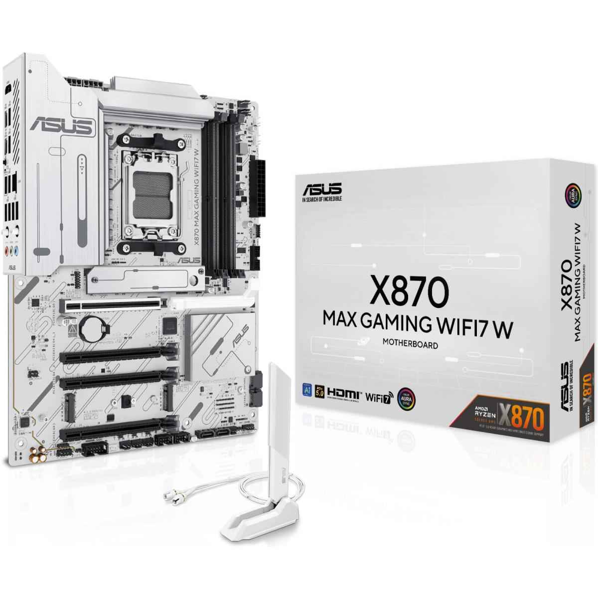 Asus X870 Max Gaming Wifi7 W Am5 Atx Motherboard, Amd X870 Chipset, 4x Ddr5 Dimm Slots, Up To 256gb Max Memory, 1x Pcie 5.0 X16, 3x M.2 Slots, Wi Fi 7 & Bluetooth V5.4, White