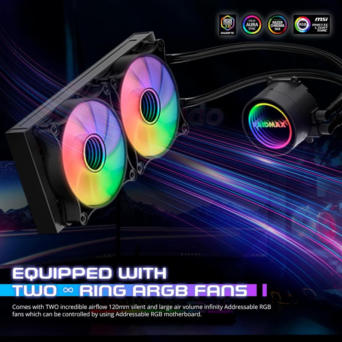 Raidmax Infinita LS240 AIO Water Cooling System 240mm ARGB/RGB Light PWM Compatible with Intel & AMD CPU Socket . Black Raidmax Infinita LS240 AIO Water Cooling System 240mm ARGB/RGB Light PWM Compatible with Intel & AMD CPU Socket . Black