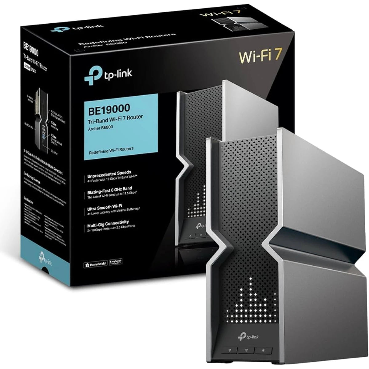 TP-Link Archer BE800 Tri-Band BE19000 WiFi 7 Router | 12-Stream 19 Gbps | 2×10G + 4×2.5G Ports | LED Screen, 8 High-Performance Antennas | VPN, Easy Mesh, HomeShield, Private IoT, Free Expert Help