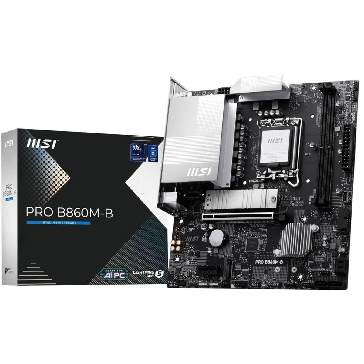 MSI PRO B860M-B mATX - Supports Intel Core Ultra Processors (Series 2), LGA 1851 - Dire 6 Phases, DDR5 Memory Boost (9066+ MT/s OC), PCIe 5.0 x16, M.2 Gen5, 5G LAN