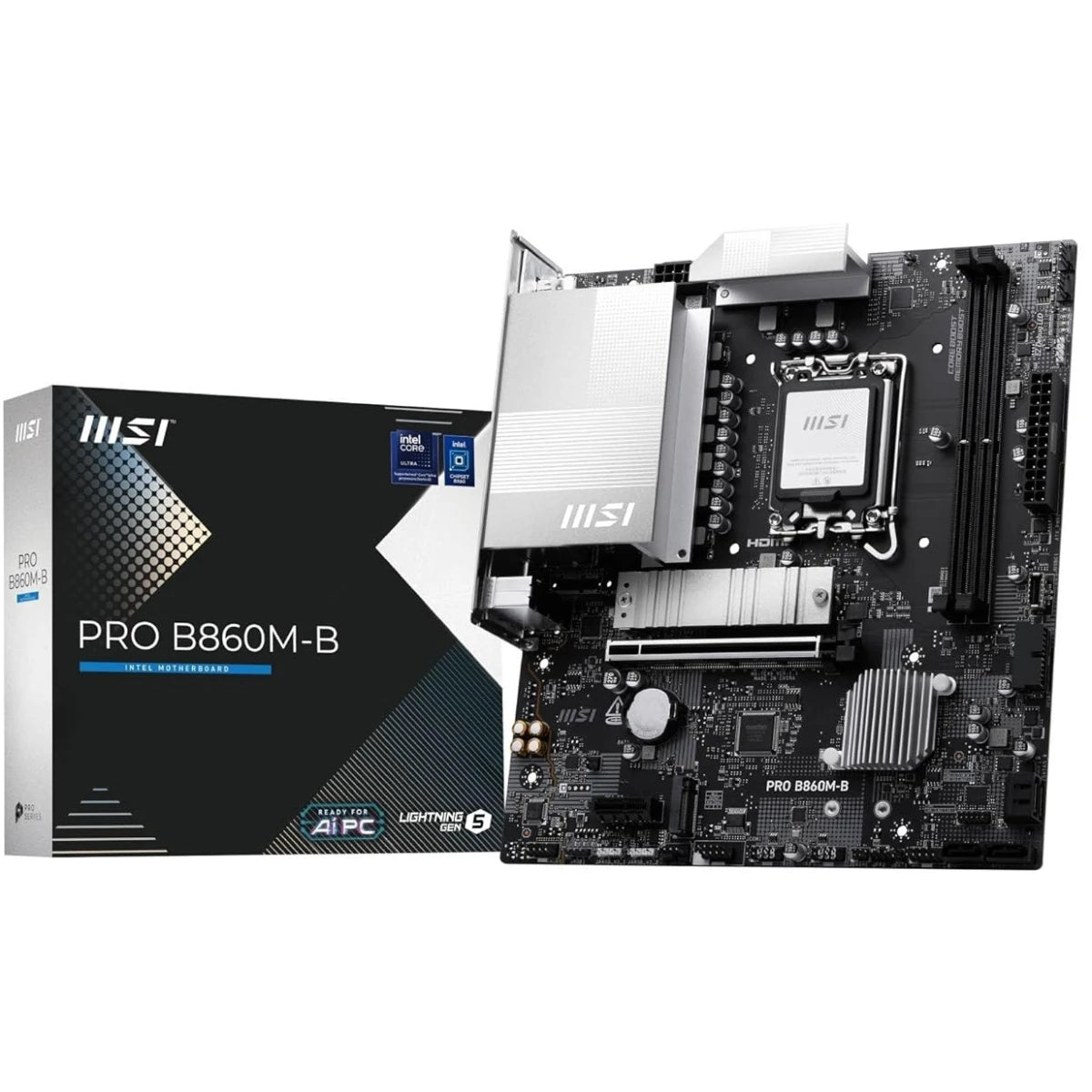 MSI PRO B860M-B mATX - Supports Intel Core Ultra Processors (Series 2), LGA 1851 - Dire 6 Phases, DDR5 Memory Boost (9066+ MT/s OC), PCIe 5.0 x16, M.2 Gen5, 5G LAN