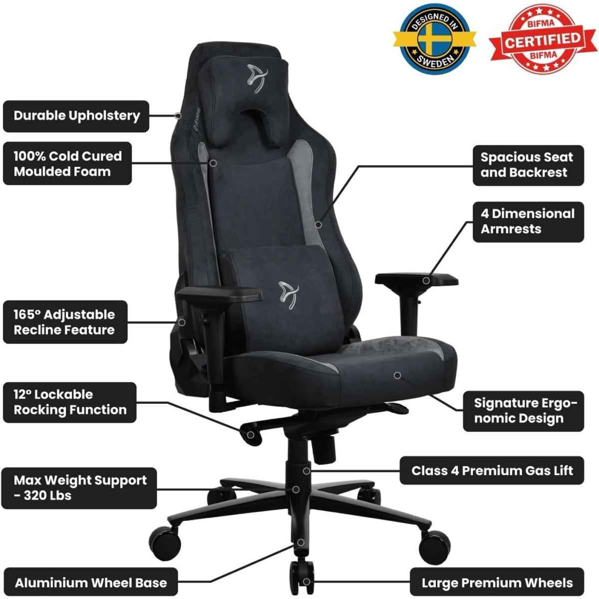 Arozzi Vernazza Supersoft Upholstery Material Has A Unique Velvety Texture That Is Fluid Repellant & Breathable Memory Foam Lumbar Support 4d Armrest Black