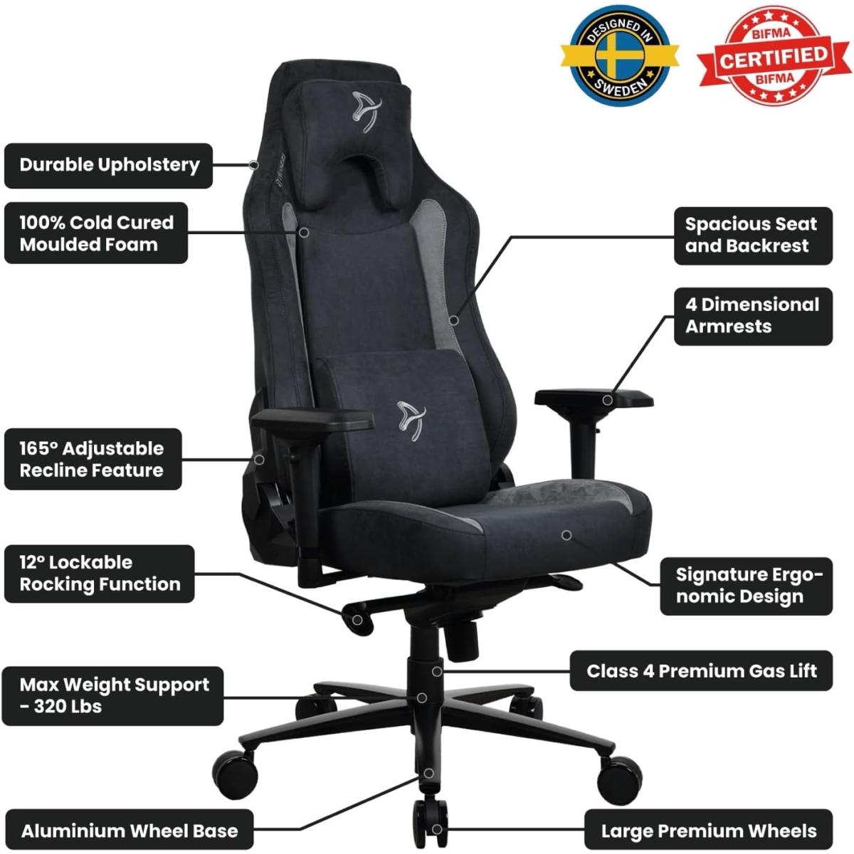 Arozzi Vernazza Supersoft Upholstery Material Has A Unique Velvety Texture That Is Fluid Repellant & Breathable Memory Foam Lumbar Support 4d Armrest Black