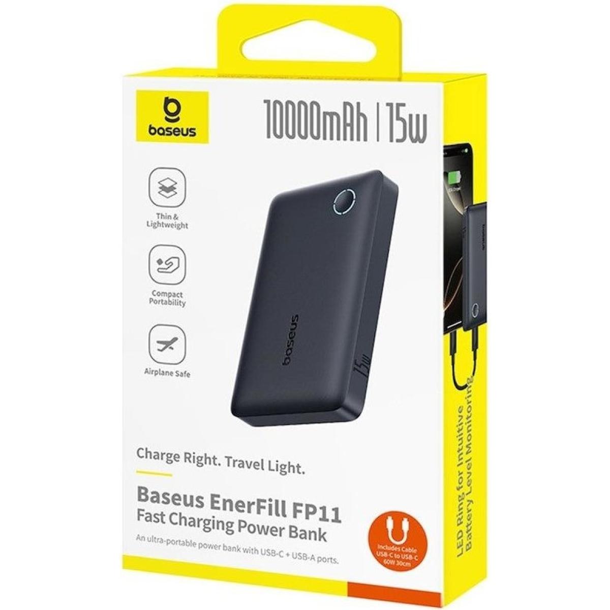 Baseus EnerFill FP11 10000mAh 15W Fast Charging Power Bank with Dual USB-A and Type-C Output , Air-Travel Friendly Design, Multiple Safety Protections - Black