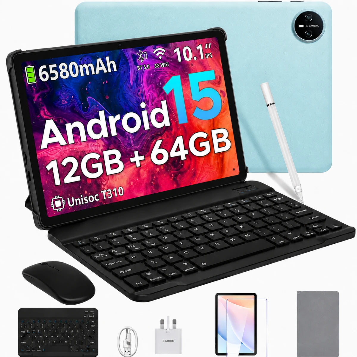 DOOGEE Tab A9 VIB Edition (2025) 10.1" Android WIFI Tablet (64GB Storage / 4GB + 9GB Shared Memory) Bundle (Keyboard + Mouse + Pen + Cover + Screen Protector) , Blue