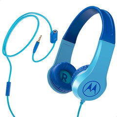 Motorola Squads 200 Kids Wired Headphones Anti Allergic Cushion Enhanced Bass In Line Mic & Voice Assistant Compatible With 3.5mm Aux Blue - CompuMe
