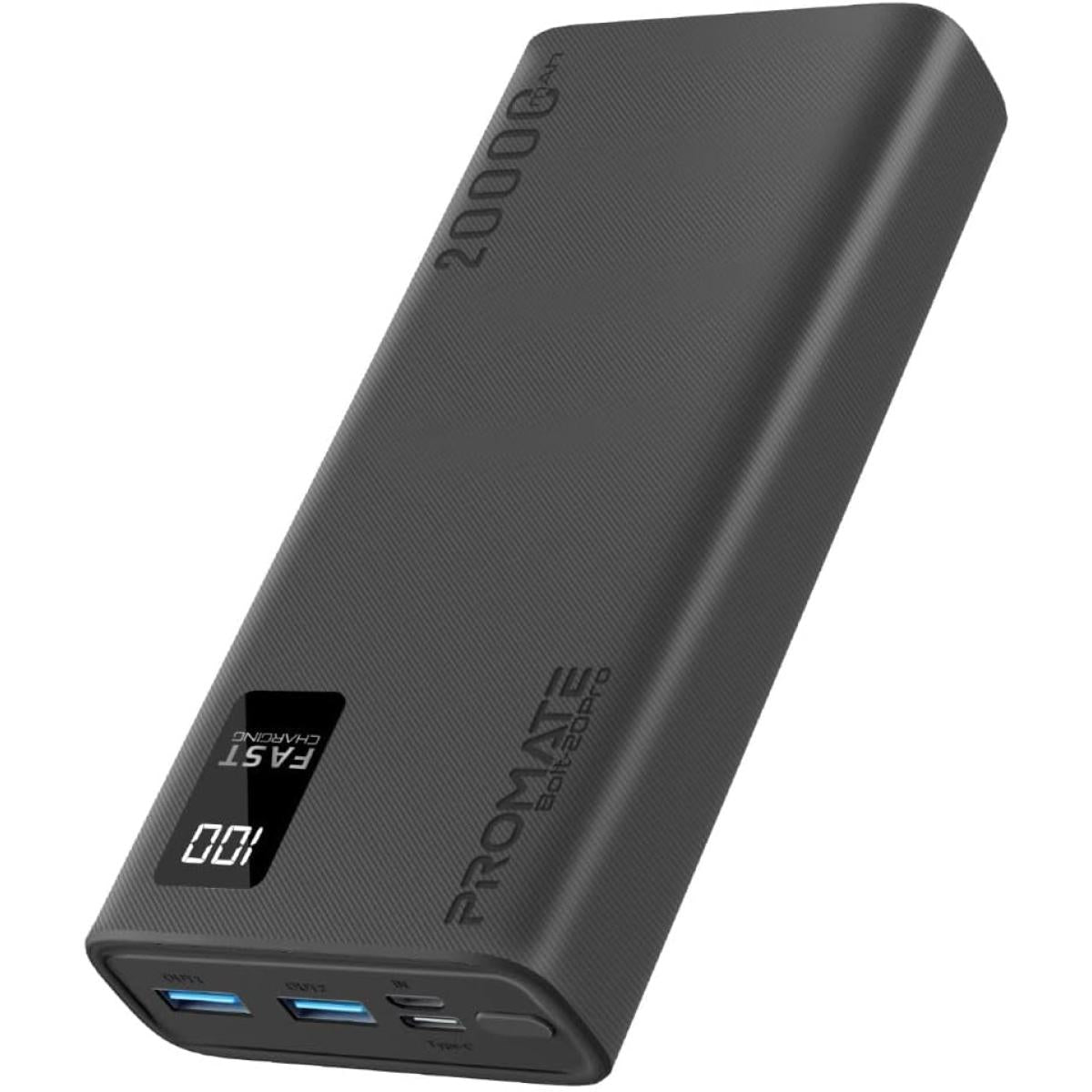 Promate Bolt 20pro 20000mah Slim Power Bank Dual Usb 10w Type C Smart Led Display & Safe Adaptive Charging For Smartphones Black
