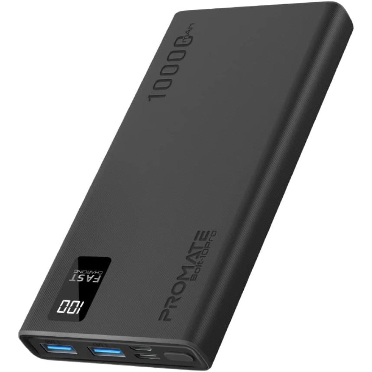Promate Bolt-10Pro Power Bank 10000mAh Ultra-Slim 10W USB-C Input/Output Dual USB LED Screen Over-Heating Protection - Black