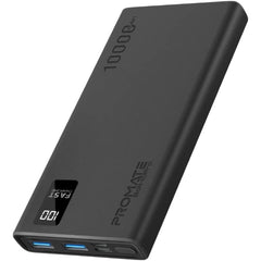 Promate Bolt-10Pro Power Bank 10000mAh Ultra-Slim 10W USB-C Input/Output Dual USB LED Screen Over-Heating Protection - Black