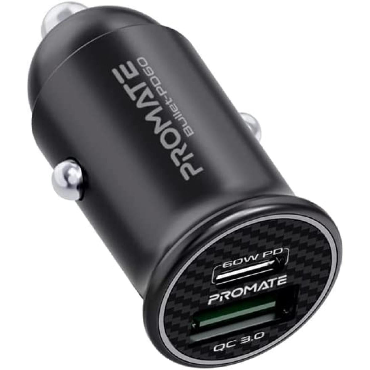 Promate Bullet Pd60 60w Usb C Car Charger Super Fast Type C W/ 18w Quick Charge 3.0 Usb Port Aluminum Alloy & Over Charging Proteion