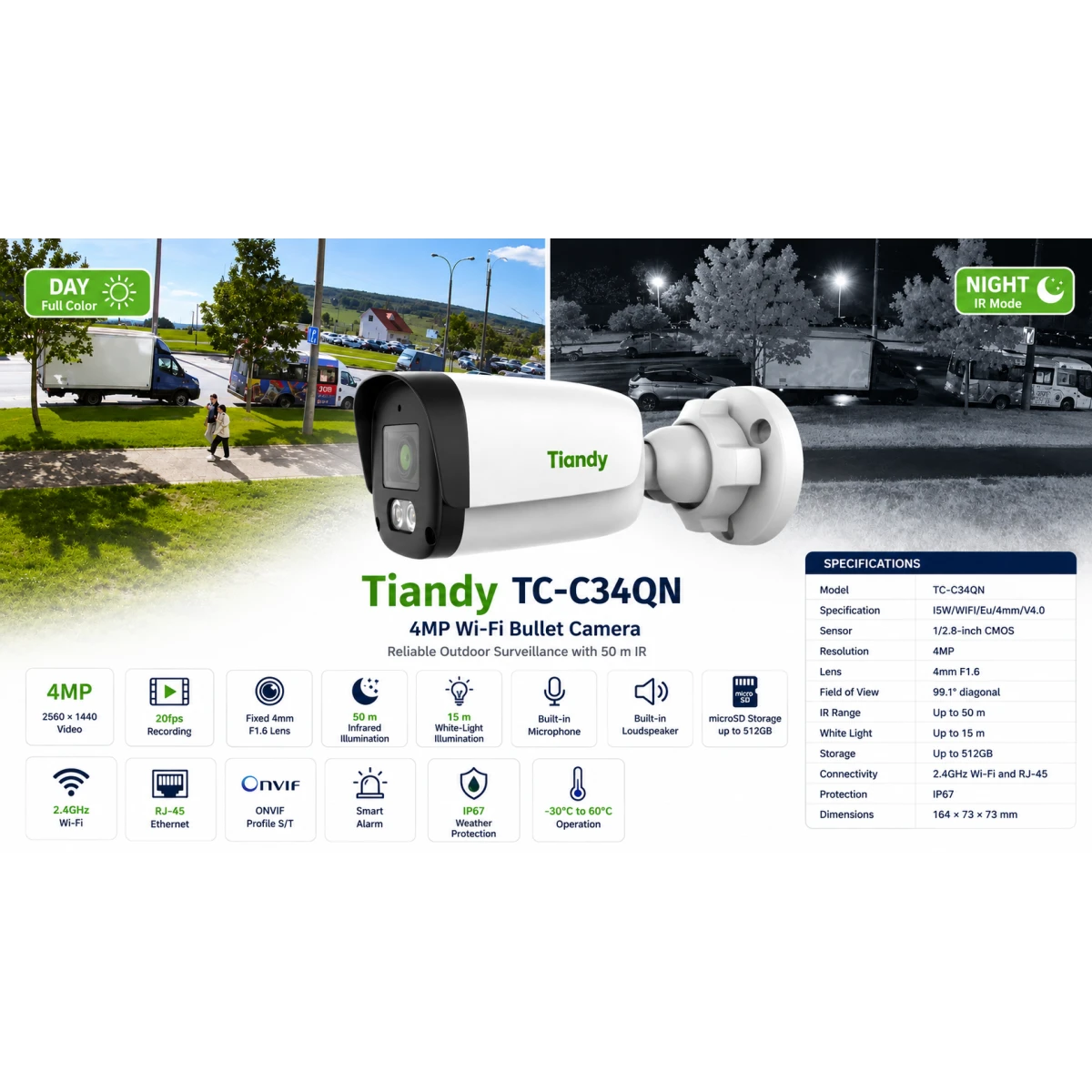 Tiandy TC-C34QN I5W/WIFI/Eu/4mm/V4.0 4MP Fixed IR Wi-Fi Bullet Camera