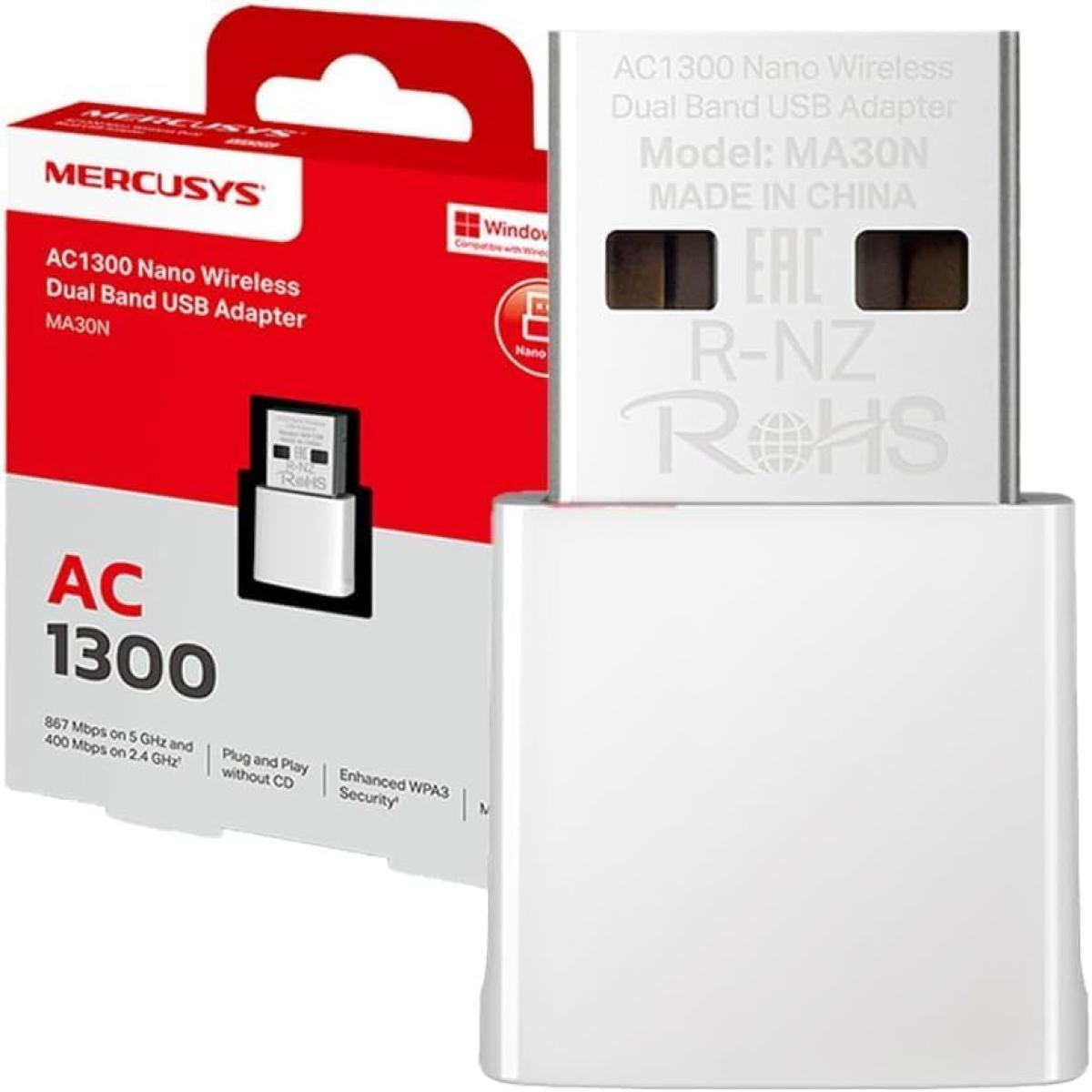 Mercusys MA30N USB WiFi Adapter, AC1300Mbps, Network Card, Nano Card, Dual Band, USB 2.0, WPA3, Plug & Play, Windows 11/10