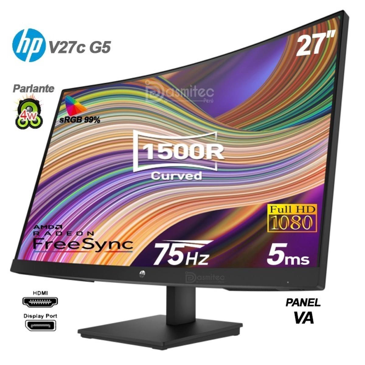 Hp V27c G5 27" Curved Full Hd 75hz Micro Edge Bezel Low Blue Light W/ Built In Dual 2w Speakers & Display Port & Hdmi Interface Black