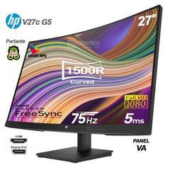 Hp V27c G5 27" Curved Full Hd 75hz Micro Edge Bezel Low Blue Light W/ Built In Dual 2w Speakers & Display Port & Hdmi Interface Black