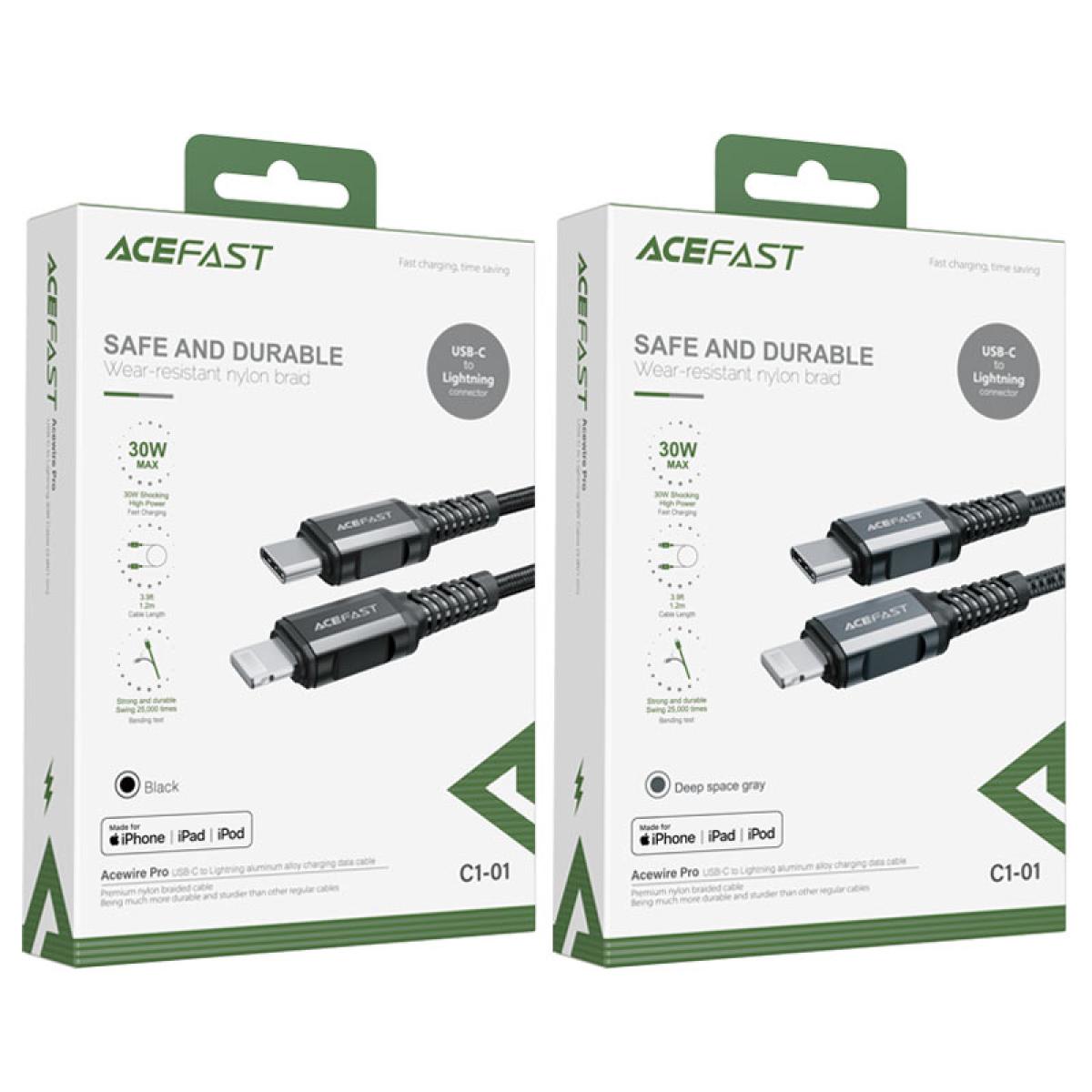 ACEFAST C7-03 1.2m 100W 5A USB-C to USB-C Fast Charging Cable Light Display Braided Data Cord - Black