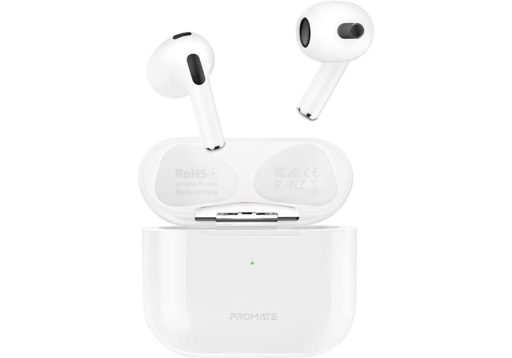 Promate FreePods-2 High Fidelity In-Ear Bluetooth v5.0 w/ Built-in Mic 25H Playback Time Auto Pairing & Wireless Charging Case - White