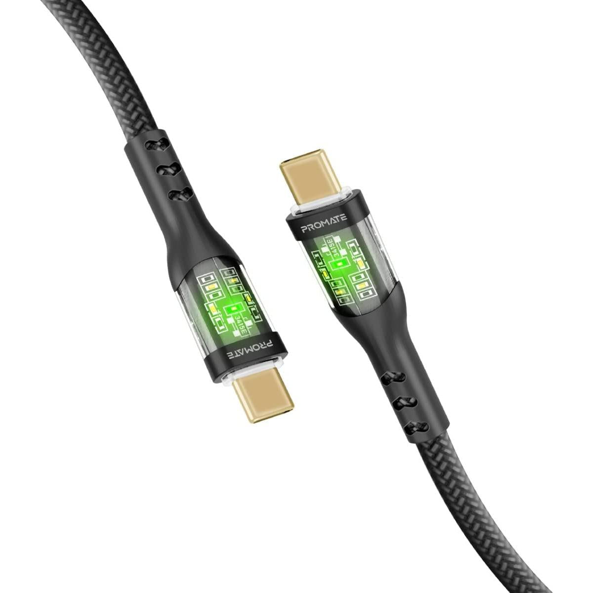 Promate Transline Cc Usb C To Usb C Cable 60w Power Delivery Transparent Shells 120cm Nylon Braided Cord
