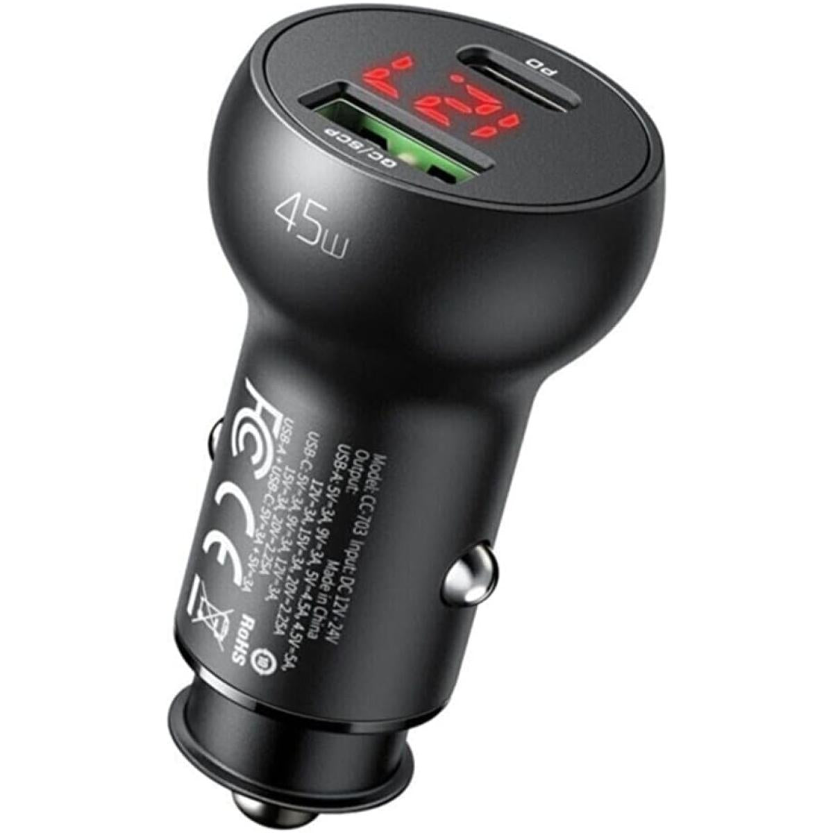 Mcdodo Cc 7030 Car Charger, Usb + Usb C, With Display, 45w (black)