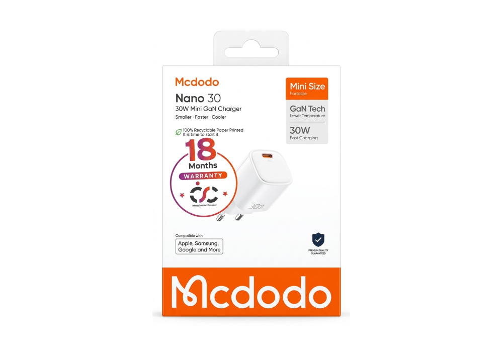 Mcdodo Nano 30 30W Mini GaN Fast Wall Charger – Type-C PD Fast Charging – White – 18 Months Warranty