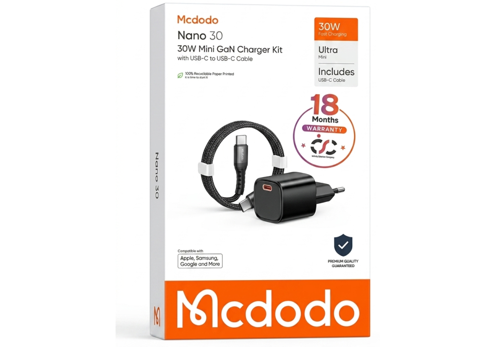 Mcdodo Nano 30 30W Mini GaN Fast Charging Kit with USB-C Cable (1.2m), Black – 18 Months Warranty