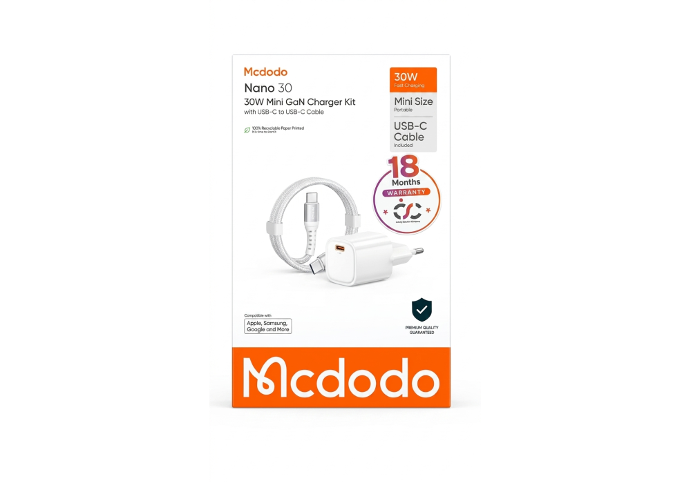Mcdodo Nano 30 30W Mini GaN Fast Charging Kit with USB-C Cable (1.2m), White – 18 Months Warranty