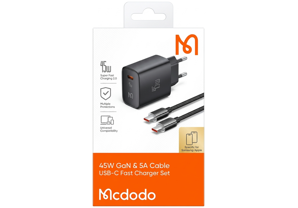 Mcdodo 45W GaN Fast Charger Set with 5A USB-C Cable (1.2m) - Super Fast Charging 2.0 - Black - 18 Months Warranty