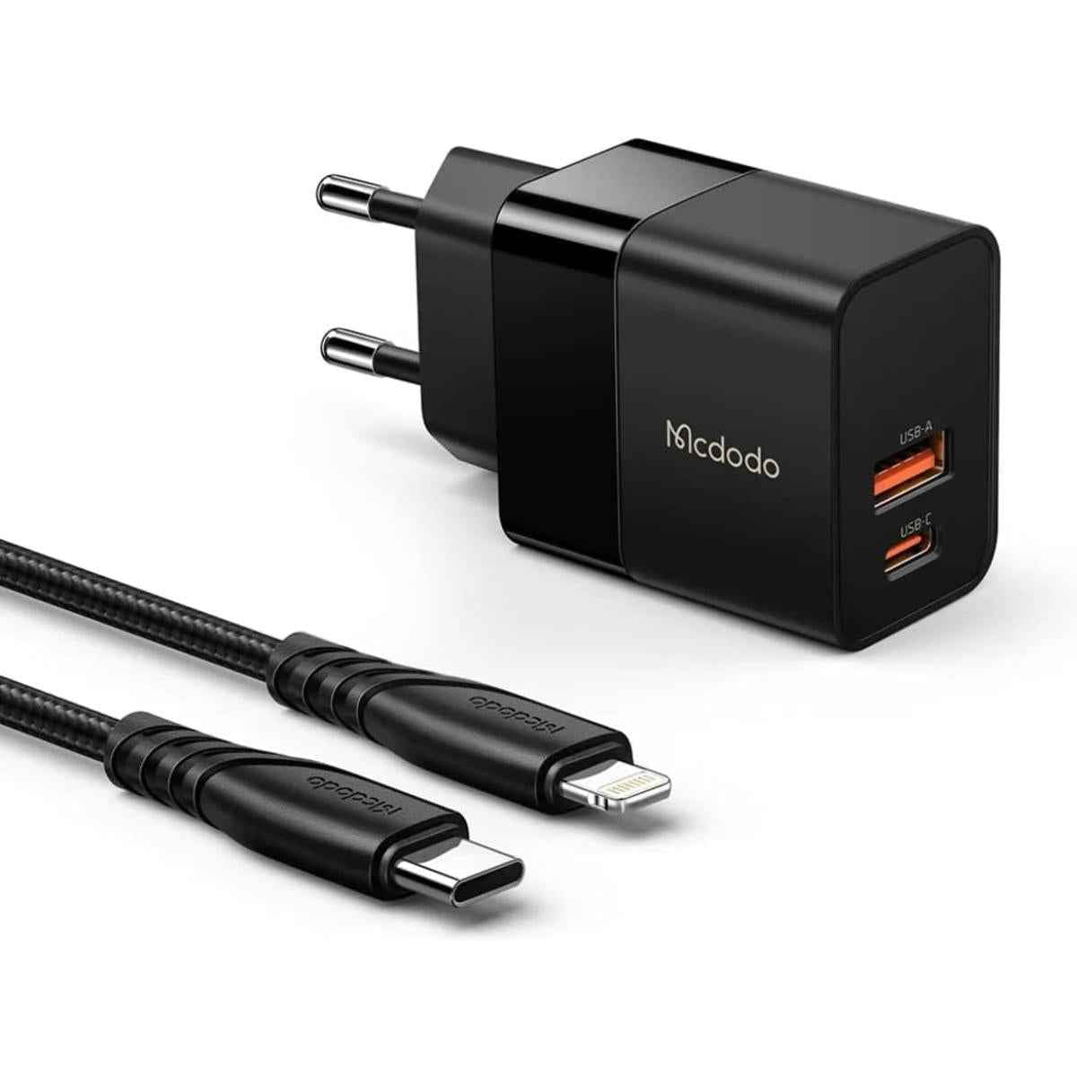 Mcdodo Ch 1952 Usb + Usb C Wall Charger, 20w + Usb C To Lightning Cable (black)