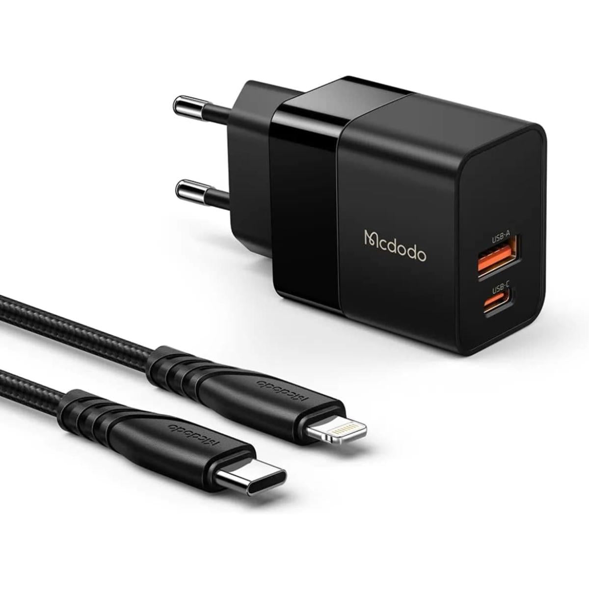 Mcdodo Ch 1952 Usb + Usb C Wall Charger, 20w + Usb C To Lightning Cable (black)