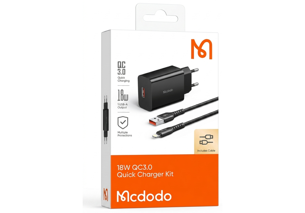 Mcdodo 18W QC3.0 Fast Wall Charger Kit with Lightning Cable, Black - 18 Months Warranty