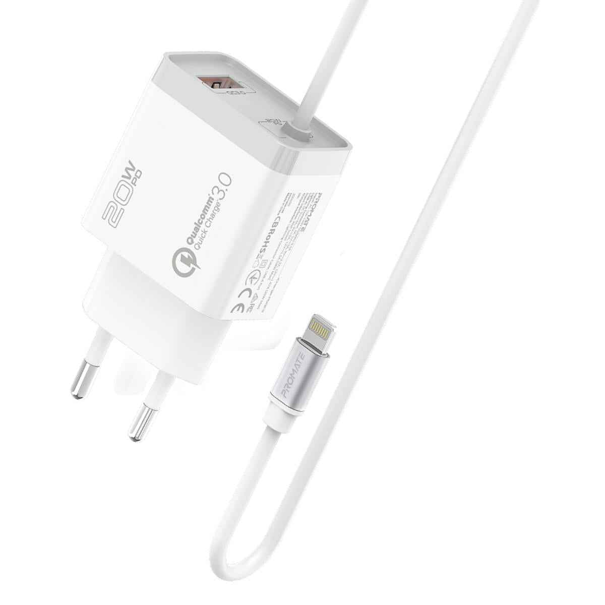 Promate Icharge Pdqc3 Iphone Wall Fast Charging 20w Power 1.5m Lightning Cable W/ Quick Charge 3.0 Port Eu Outlet White