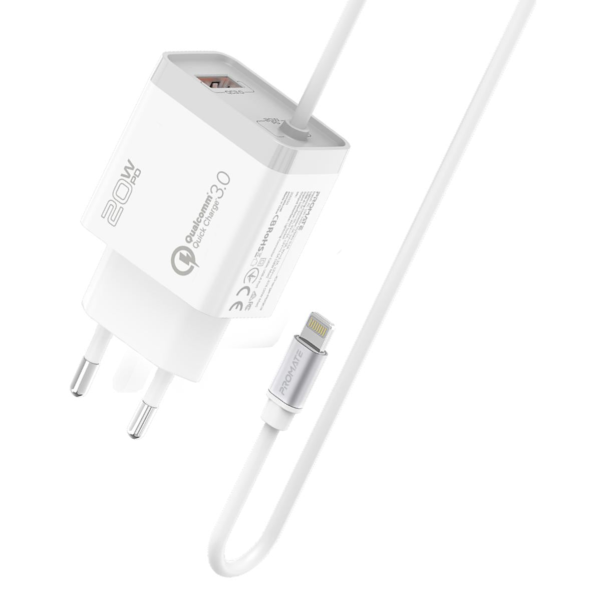 Promate ICharge-PDQC3 iPhone Wall Fast Charging 20W Power 1.5m Lightning Cable w/ Quick Charge 3.0 Port EU Outlet - White