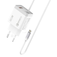 Promate ICharge-PDQC3 iPhone Wall Fast Charging 20W Power 1.5m Lightning Cable w/ Quick Charge 3.0 Port EU Outlet - White