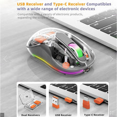 Coteci Dual Receiver Crystal silent mouse with RGB lights, 5.1 Bluetooth dual receiver USB A & Type-C 2.4G 2400 DPI