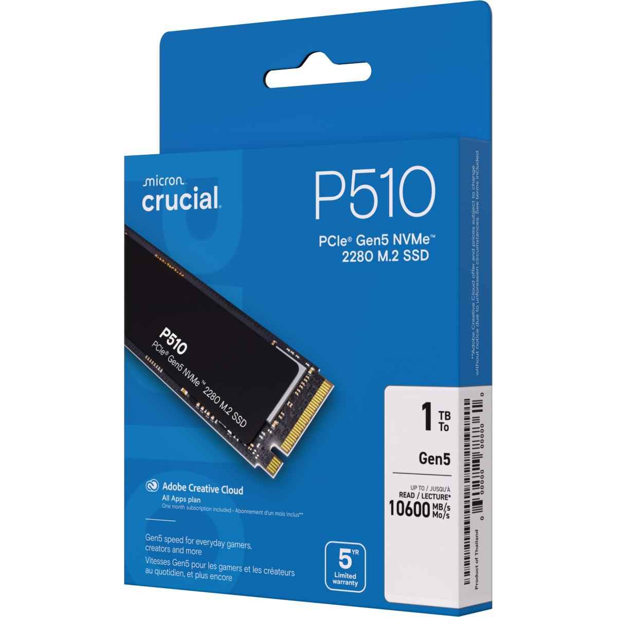 Crucial P510 1TB PCIe 5.0 NVMe M.2 SSD-Sequential Read/Write (11000/9500 MB/s) | CT1000P510SSD8 |