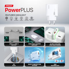 Fantech PowerPLUS PPS251 25W GaN Fast Charger – Dual-Port USB-C & USB-A PD + QC Wall Charger, Ultra-Slim Compact Design with Smart Charging & Safety Protection