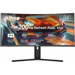 Dahua LM34-E330CA Gaming Curved Monitor, 34" WQHD VA Display, 200Hz Refresh Rate, 1ms (MPRT) Response Time, 1500R Curvature, Adaptive-Sync Technology, 21 9 Aspe Ratio, Black