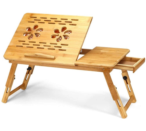 BAMBOO WOODEN TABLE FOR LAPTOP WITH DRAWER AND TWO COOLING FANS