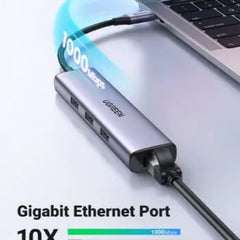 UGREEN 60600 USB C TO RJ45 ETHERNET GIGABIT AND 3 USB A 3.0 PORTS ADAPTER