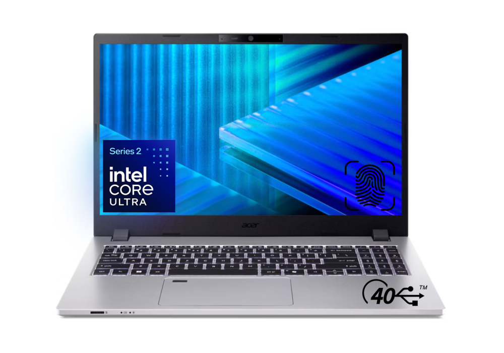 Business Laptop Acer Travelmate Professional 2 15, Intel Core Ultra 7 255U, 16GB DDR5, 1TB SSD, 15.6" FHD Display, Finger Print Reader, microSD Reader, USB4, 3 Year Warranty - Sliver